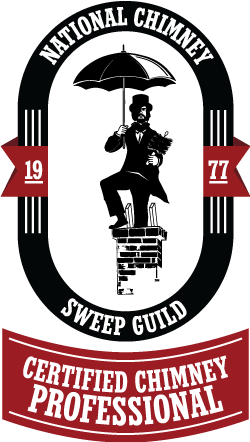 NCSG CCP National Chimney Sweep Guild - Chimney Sweep sitting in oblong circle on top of chimney with umbrella