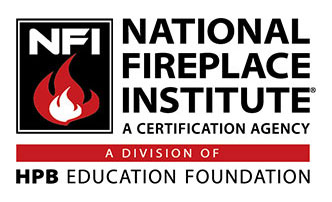 NFI Logo with red fire and NFI in white letters with black background. National Fireplace Institute Certified Written around logo